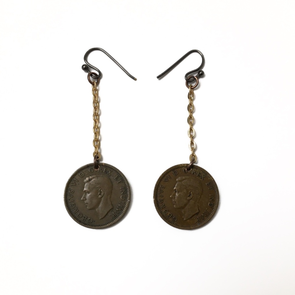 Lucky Penny Earrings—King George VI—Gold Chain Dangle Earrings - Picture 2 of 3